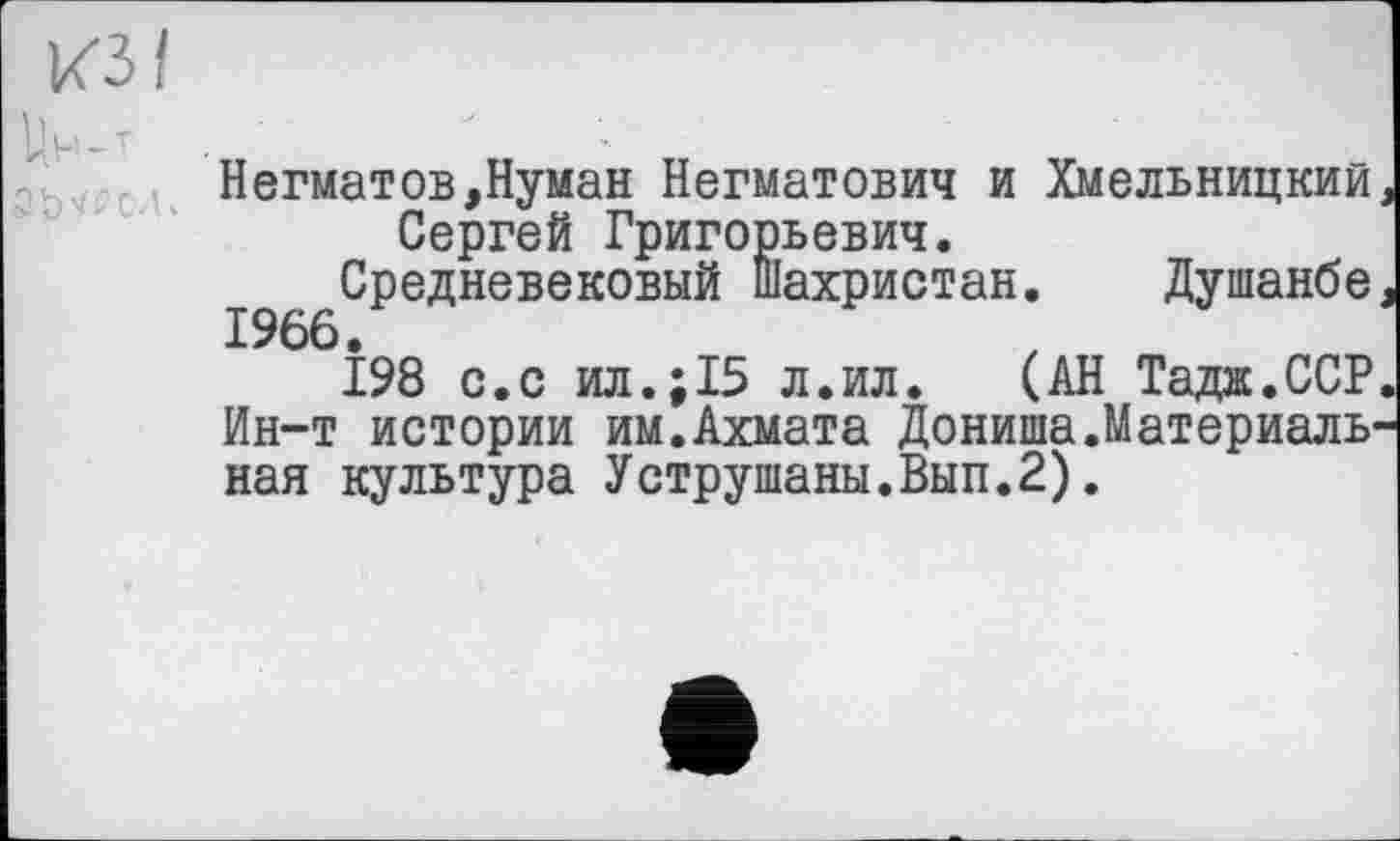 ﻿Цн-Т аьуї’сл »
Негматов,Нуман Негматович и Хмельницкии Сергей Григорьевич.
Средневековый Шахристан. Душанбе 1966,
198 с.с ил.;15 л.ил. (АН Тада.ССР Ин-т истории им.Ахмата Дониша.Материальная культура Уструшаны.Вып.2).